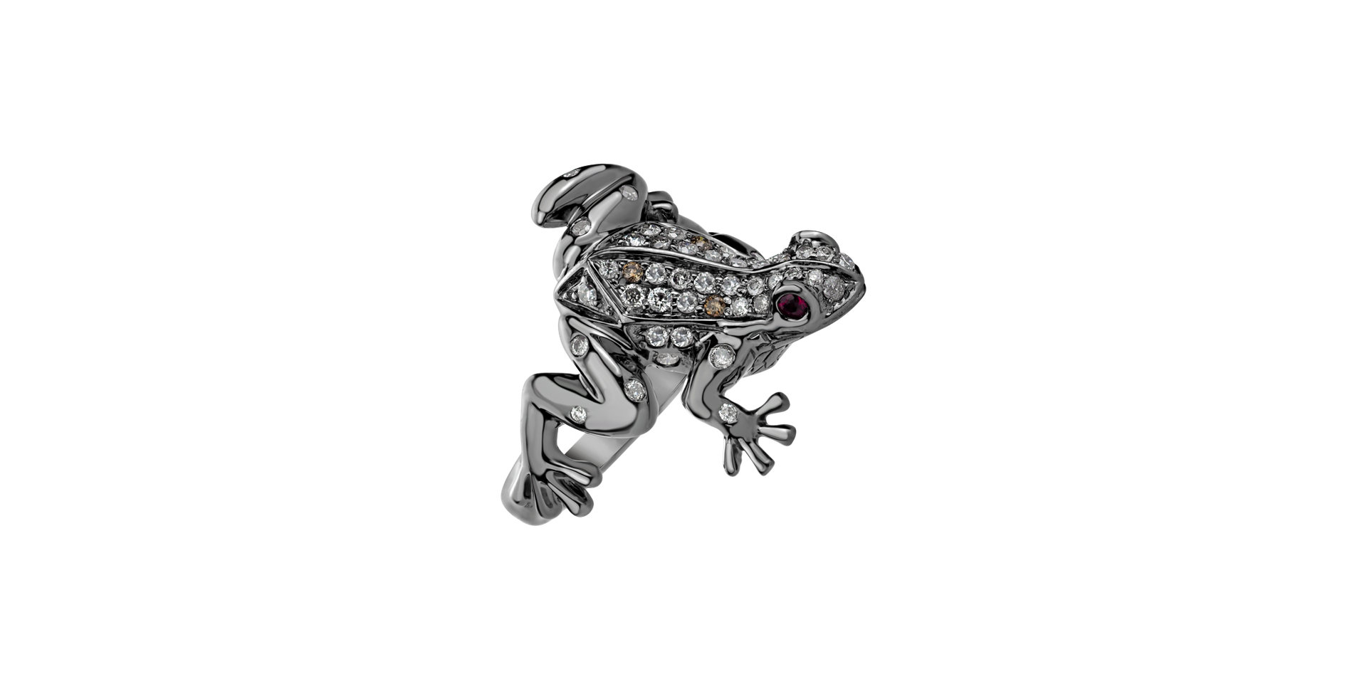 Ring with brown and white diamonds and Ruby Dark Fairytale Frog