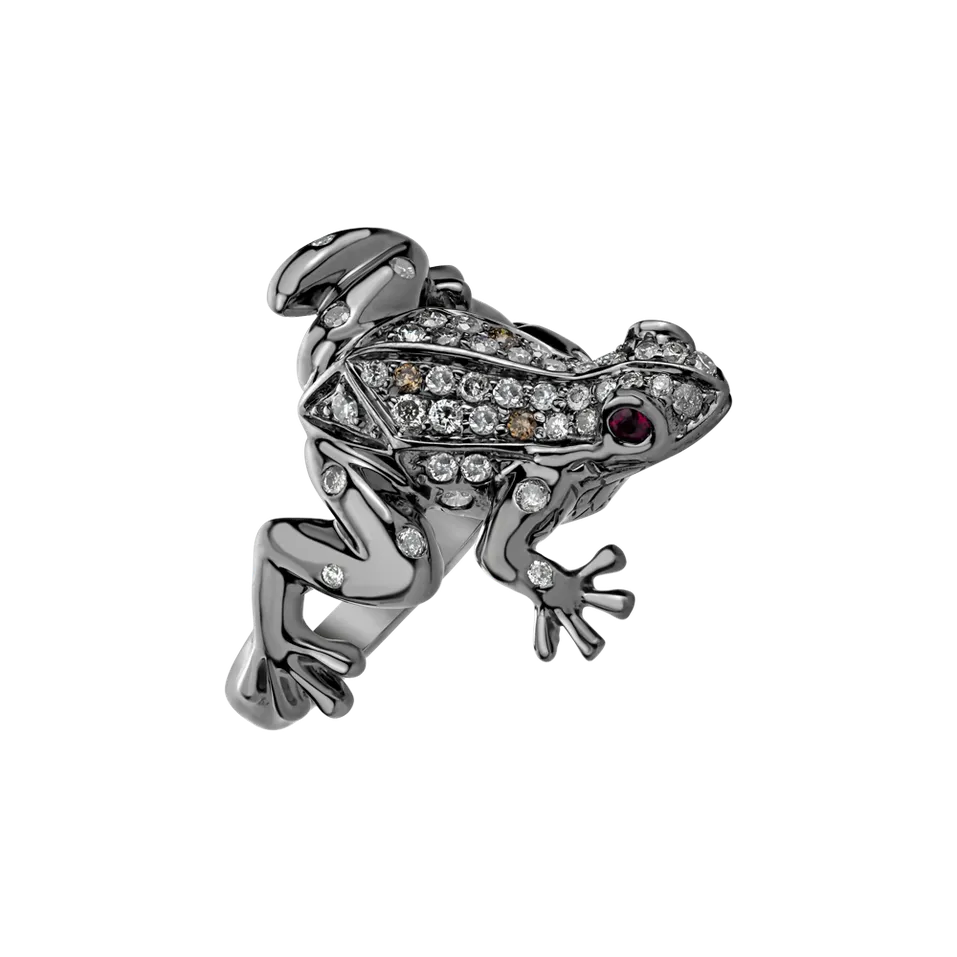 Ring with brown and white diamonds and Ruby Dark Fairytale Frog