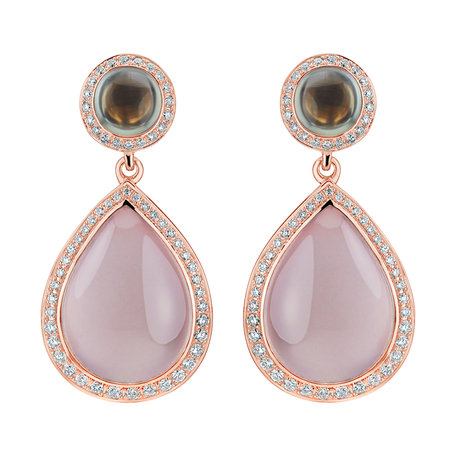 Diamond earrings, Prehnite and Rose Quartz Eternal Sunset
