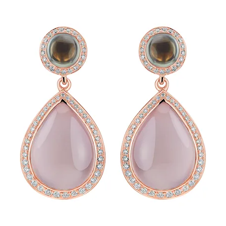Diamond earrings, Prehnite and Rose Quartz Eternal Sunset