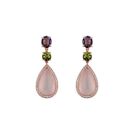 Diamond earrings, Amethyst, Rose Quartz and Peridote Petal of Love