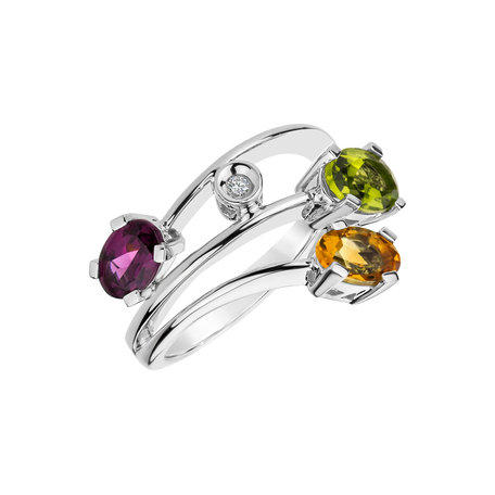 Diamond ring with Citrine, Peridote and Rhodolite Glanc