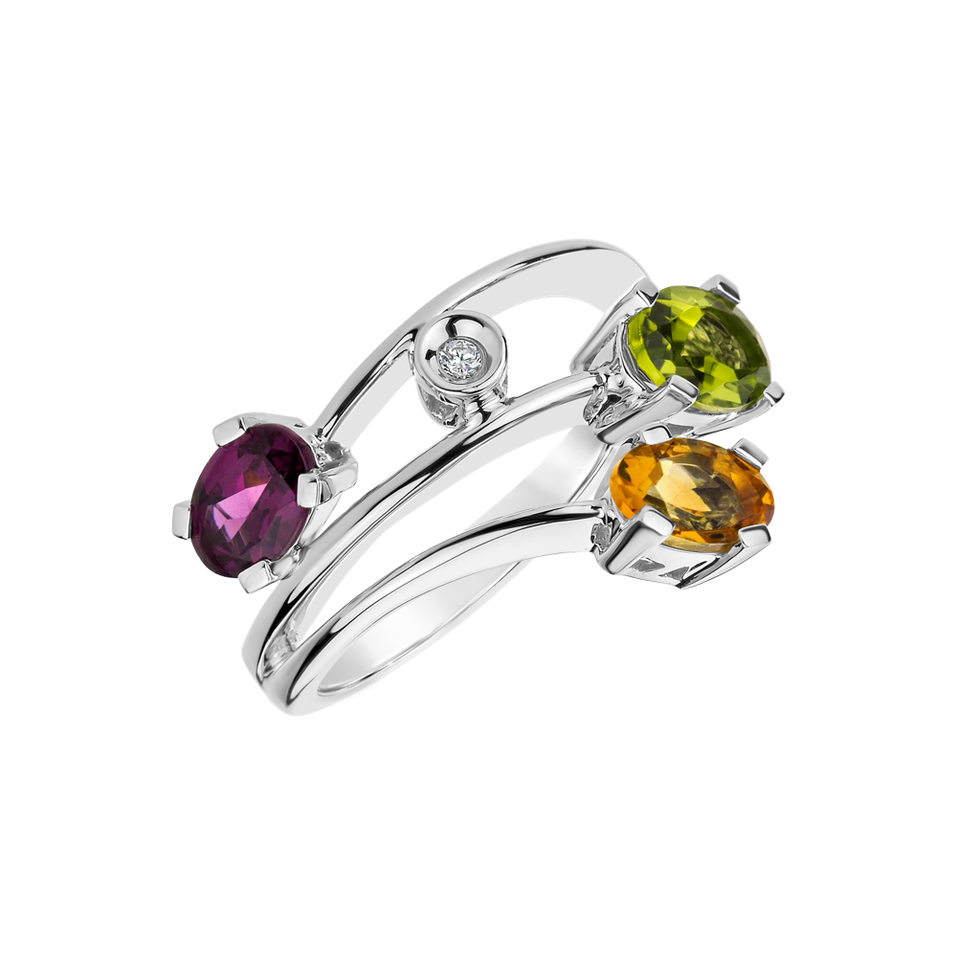 Diamond ring with Citrine, Peridote and Rhodolite Glanc