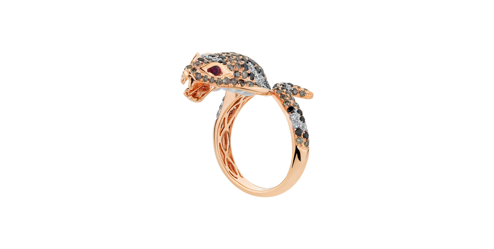 Ring with brown and white diamonds, Ruby and Mother of Pearl Queen Cobra