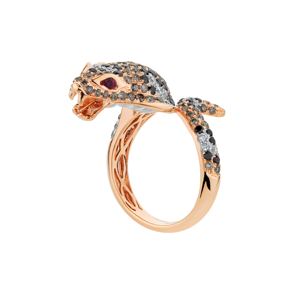 Ring with brown and white diamonds, Ruby and Mother of Pearl Queen Cobra