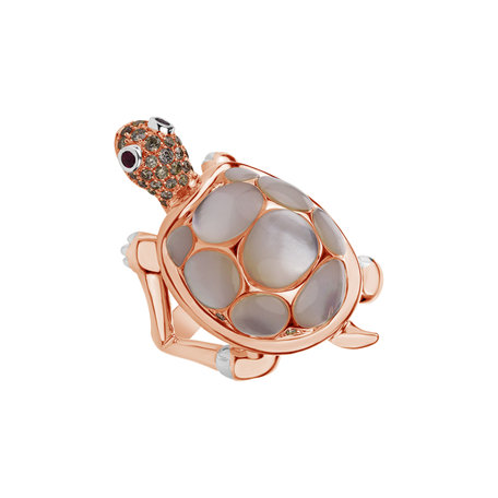 Ring with brown diamonds, Ruby and Mother of Pearl Graceful Turtle