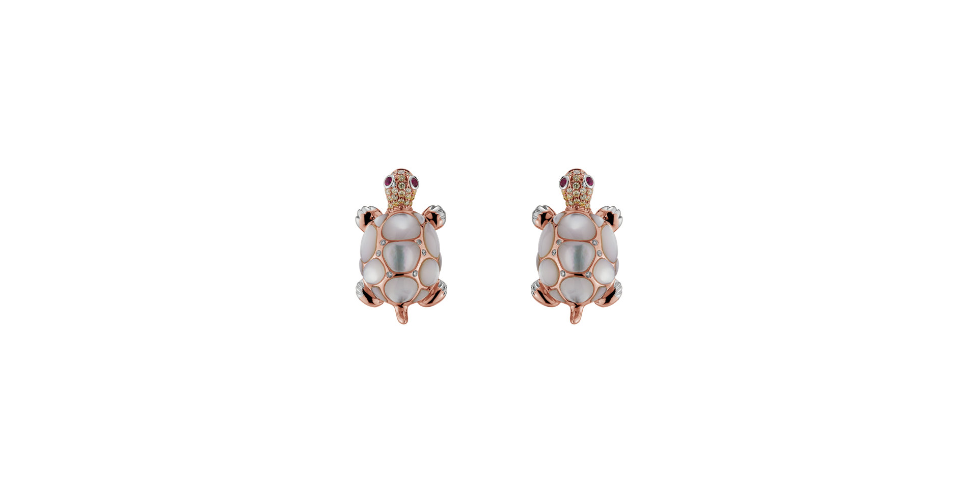 Earrings with brown and white diamonds, Ruby and Mother of Pearl Alluring Turtle