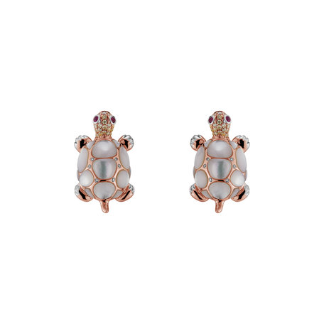 Earrings with brown and white diamonds, Ruby and Mother of Pearl Alluring Turtle