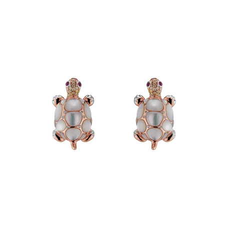 Earrings with brown and white diamonds, Ruby and Mother of Pearl Alluring Turtle