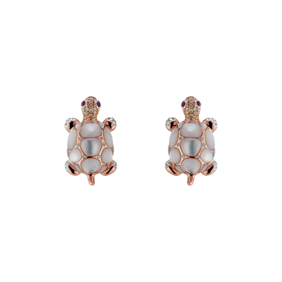 Earrings with brown and white diamonds, Ruby and Mother of Pearl Alluring Turtle