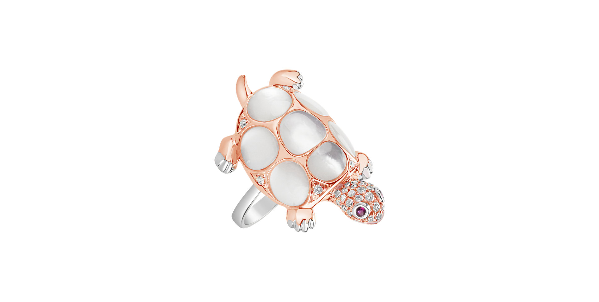 Ring with brown and white diamonds, Ruby and Mother of Pearl Turtle Love