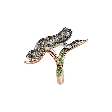 Ring with white, brown, black diamonds and Garnet Luxury Frog