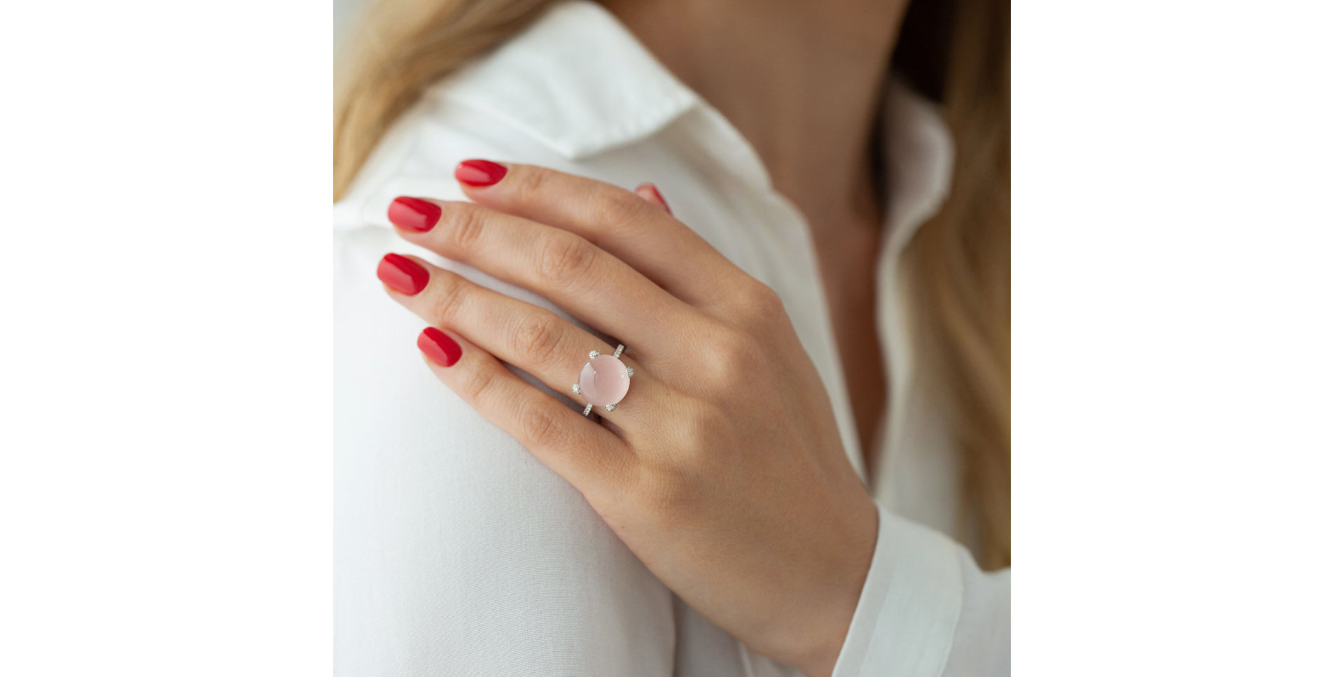 Diamond ring with Rose Quartz Divine Drop