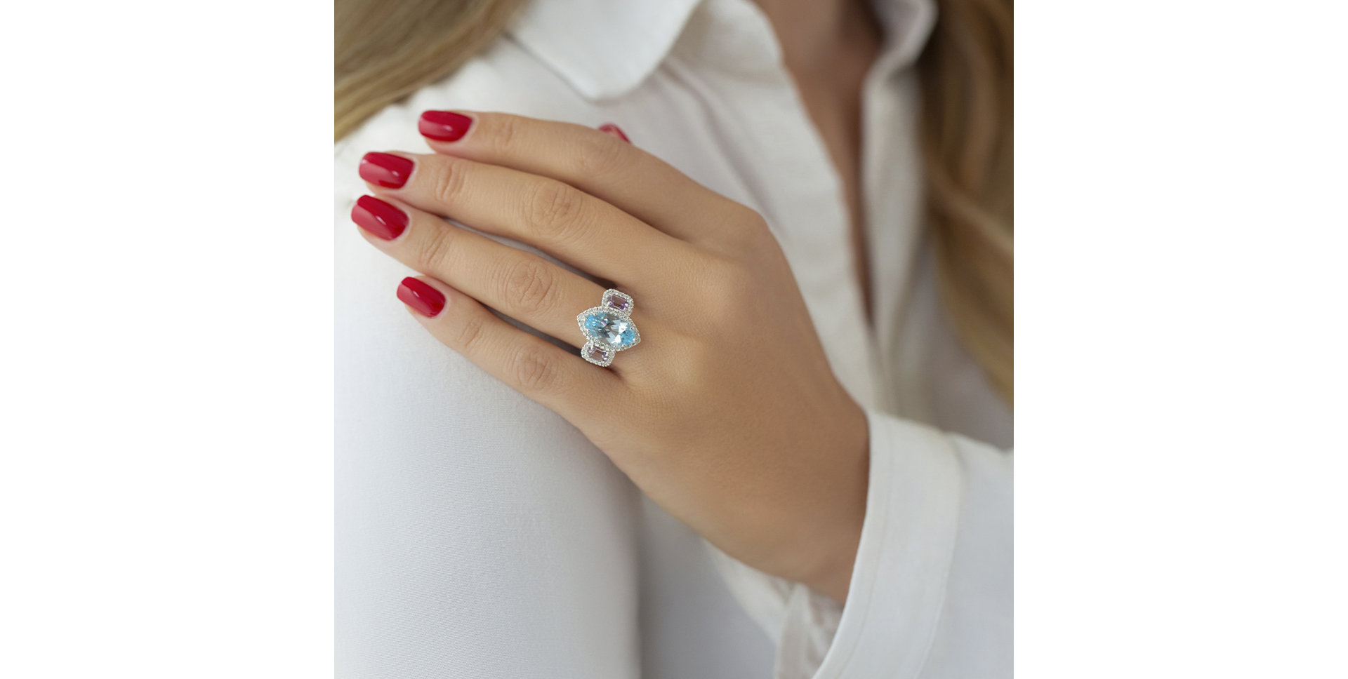 Diamond ring with Topaz and Amethyst Shallow Shasta