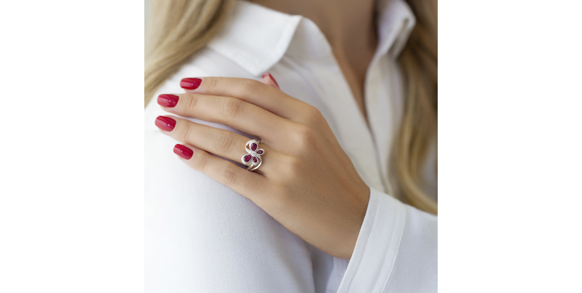 Diamond ring with Ruby Butterfly Flight