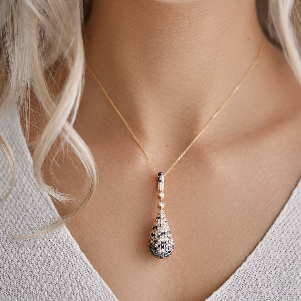 Pendant with black and white diamonds and brown Autumn Tear