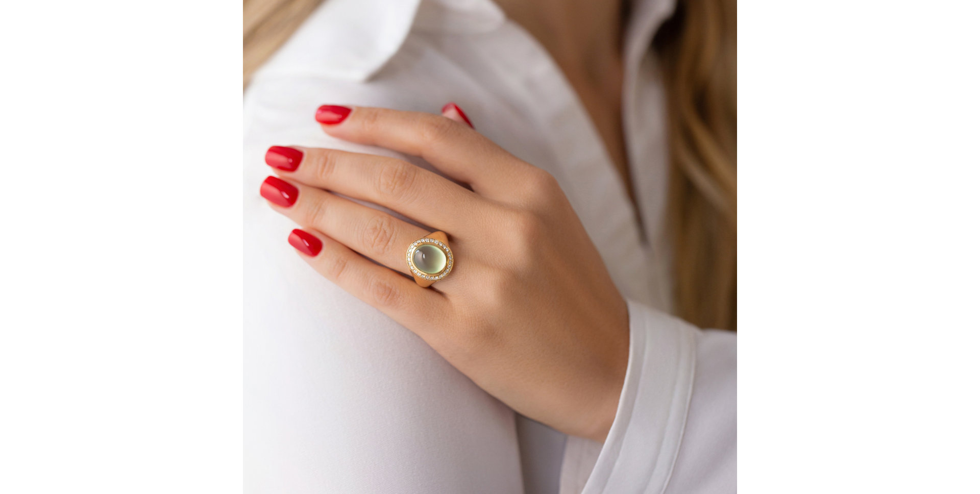 Diamond ring with Prehnite Mistress Moonlight