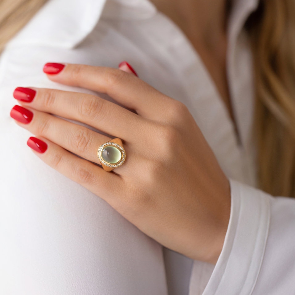Diamond ring with Prehnite Mistress Moonlight