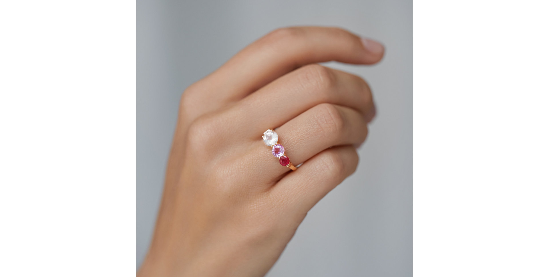 Ring with Ruby, Rose Quartz and Sapphire Tripple Bonbons