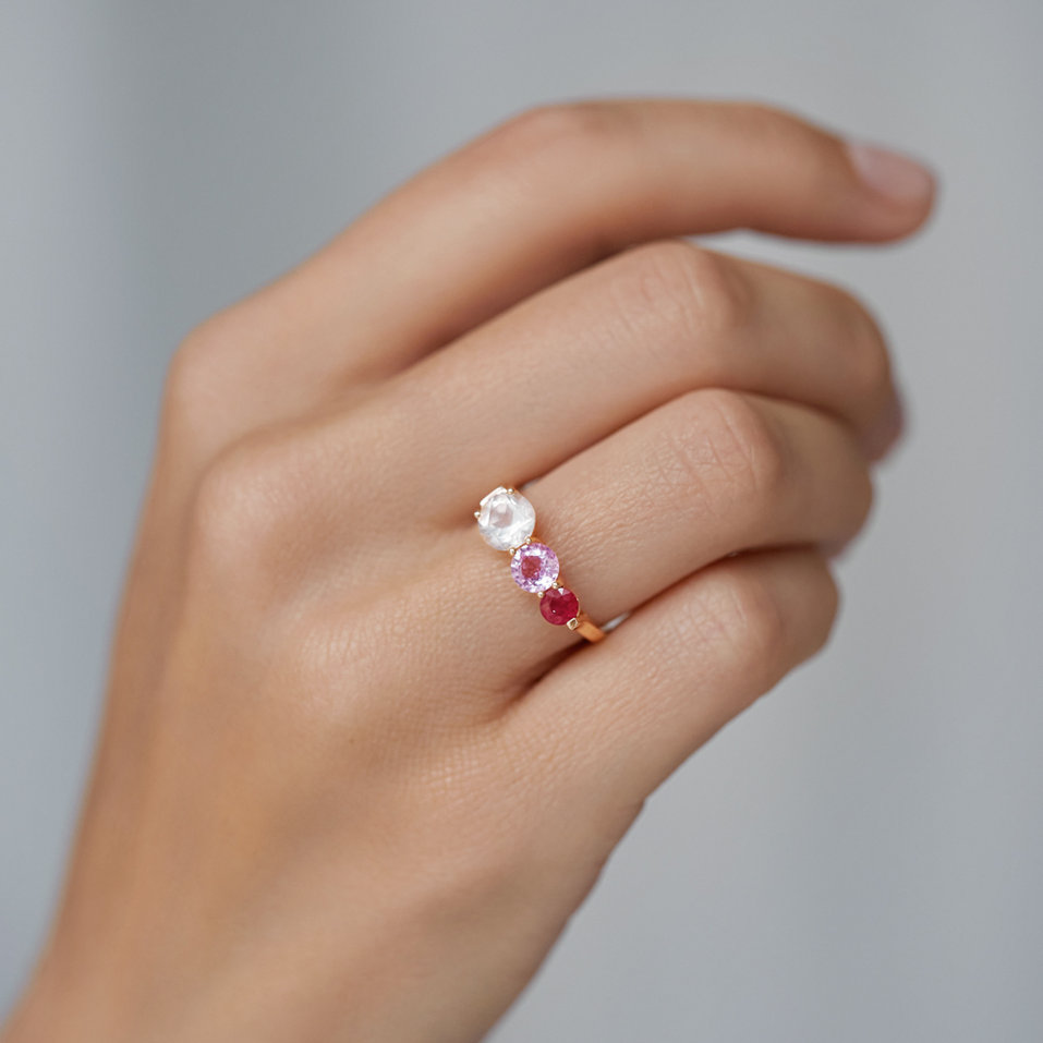 Ring with Ruby, Rose Quartz and Sapphire Tripple Bonbons