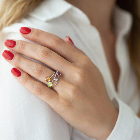 Diamond ring with Citrine, Peridote and Rhodolite Glanc