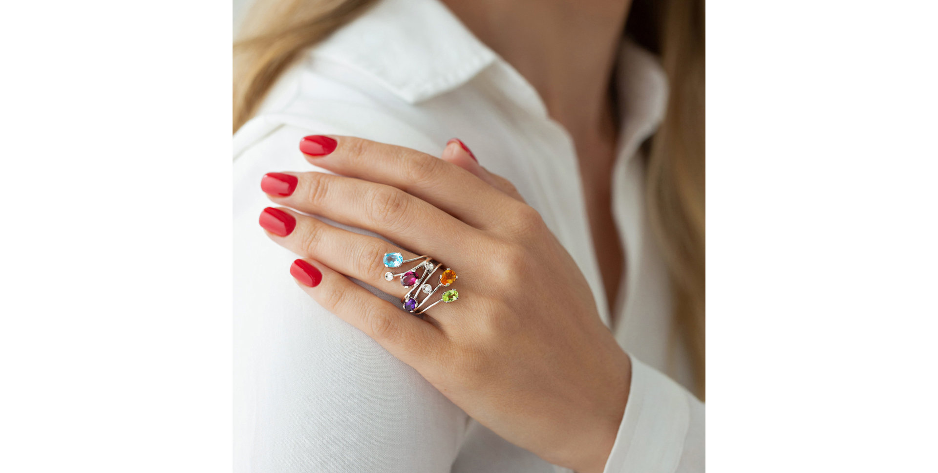 Diamond ring with Rhodolite, Peridote, Amethyst, Topaz and Citrine Pleasure