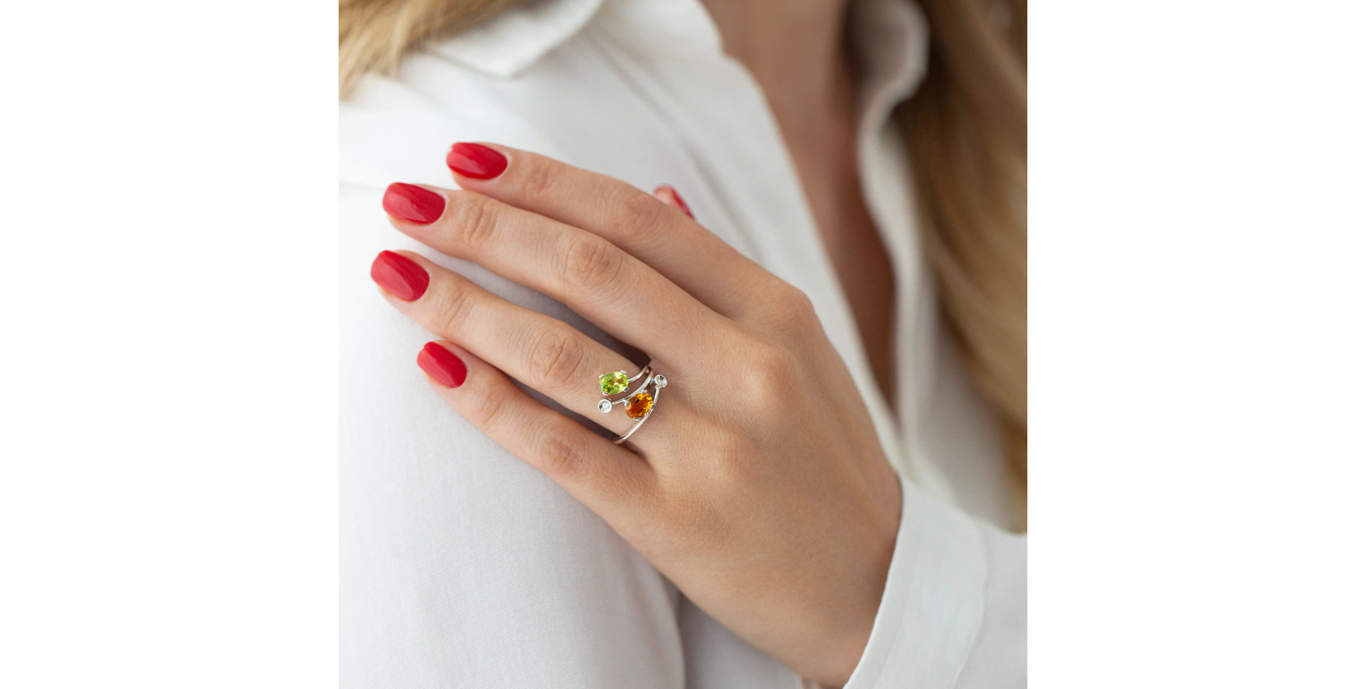 Diamond ring with Peridote and Citrine Rio