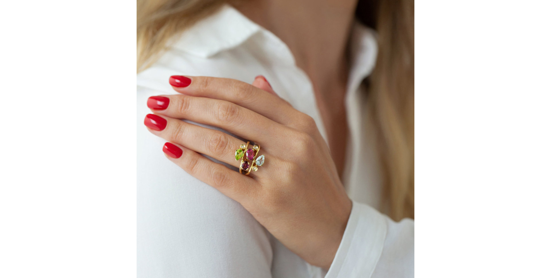 Diamond ring with Rhodolite, Peridote and Topaz Floy