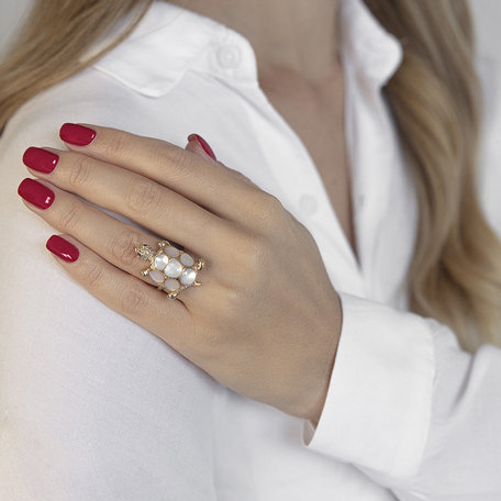 Ring with brown and white diamonds, Ruby and Mother of Pearl Turtle Love