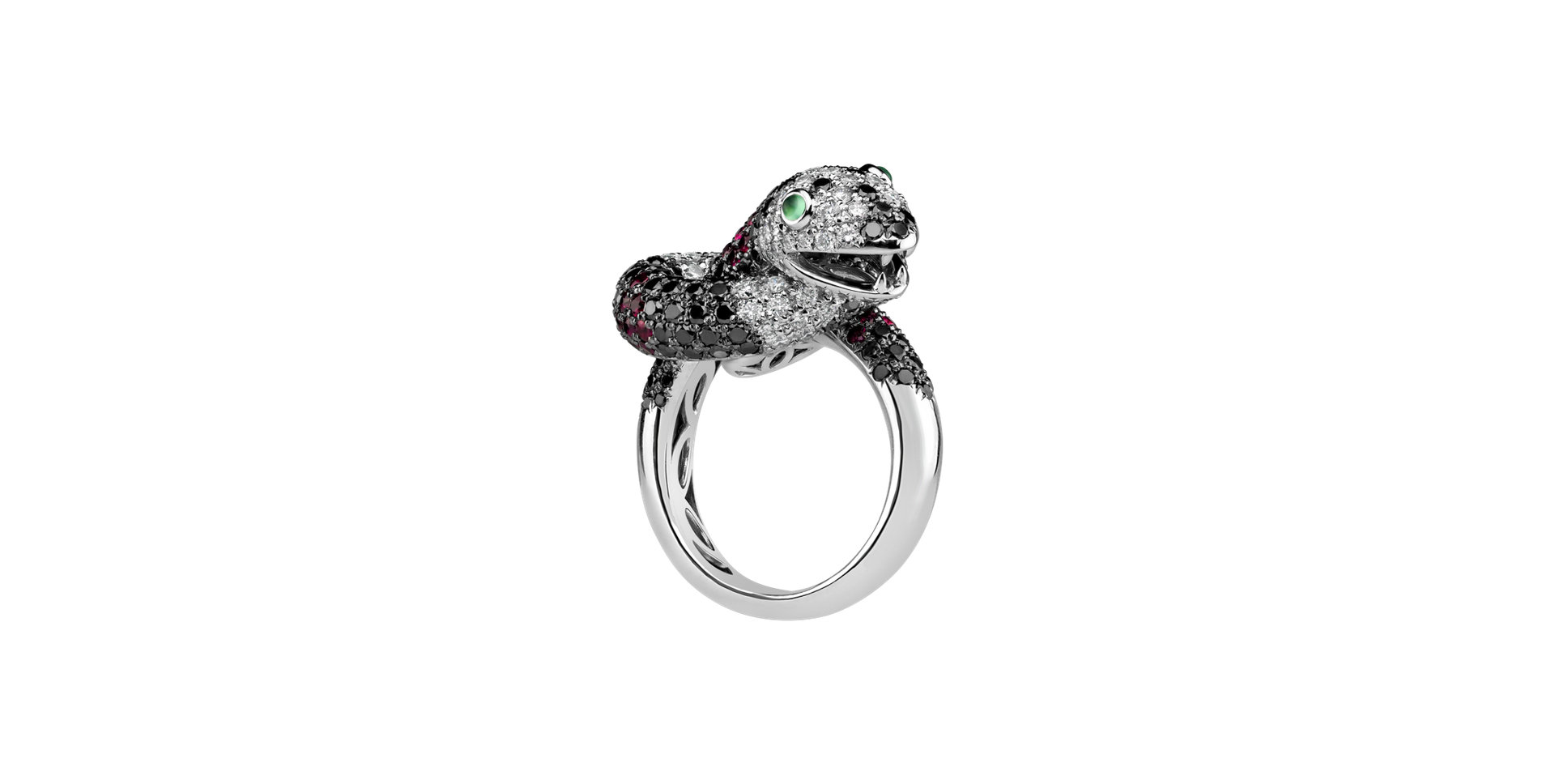 Ring with black and white diamonds, Ruby and Garnet The Dark Serpent