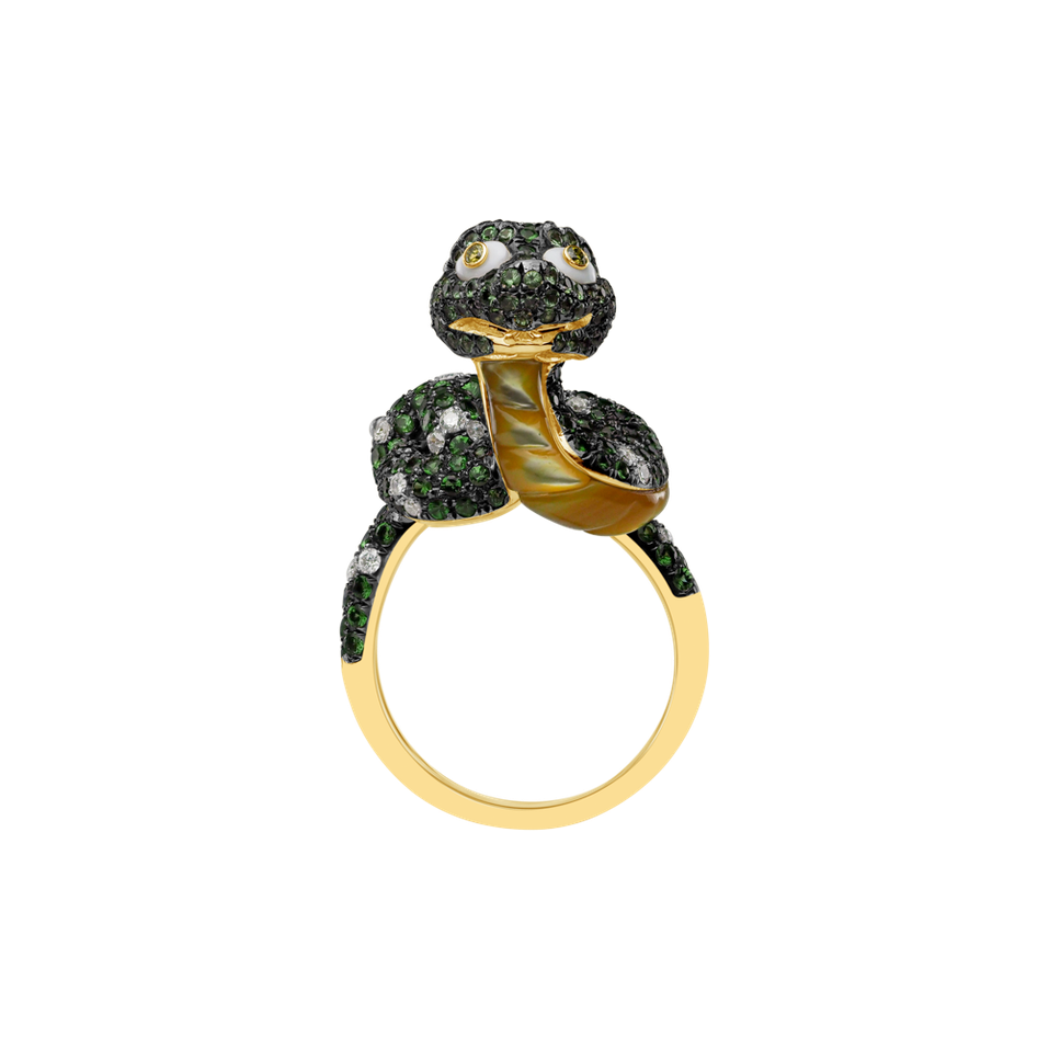 Diamond ring with Agate, Garnet and Mother of Pearl Crazy Snake