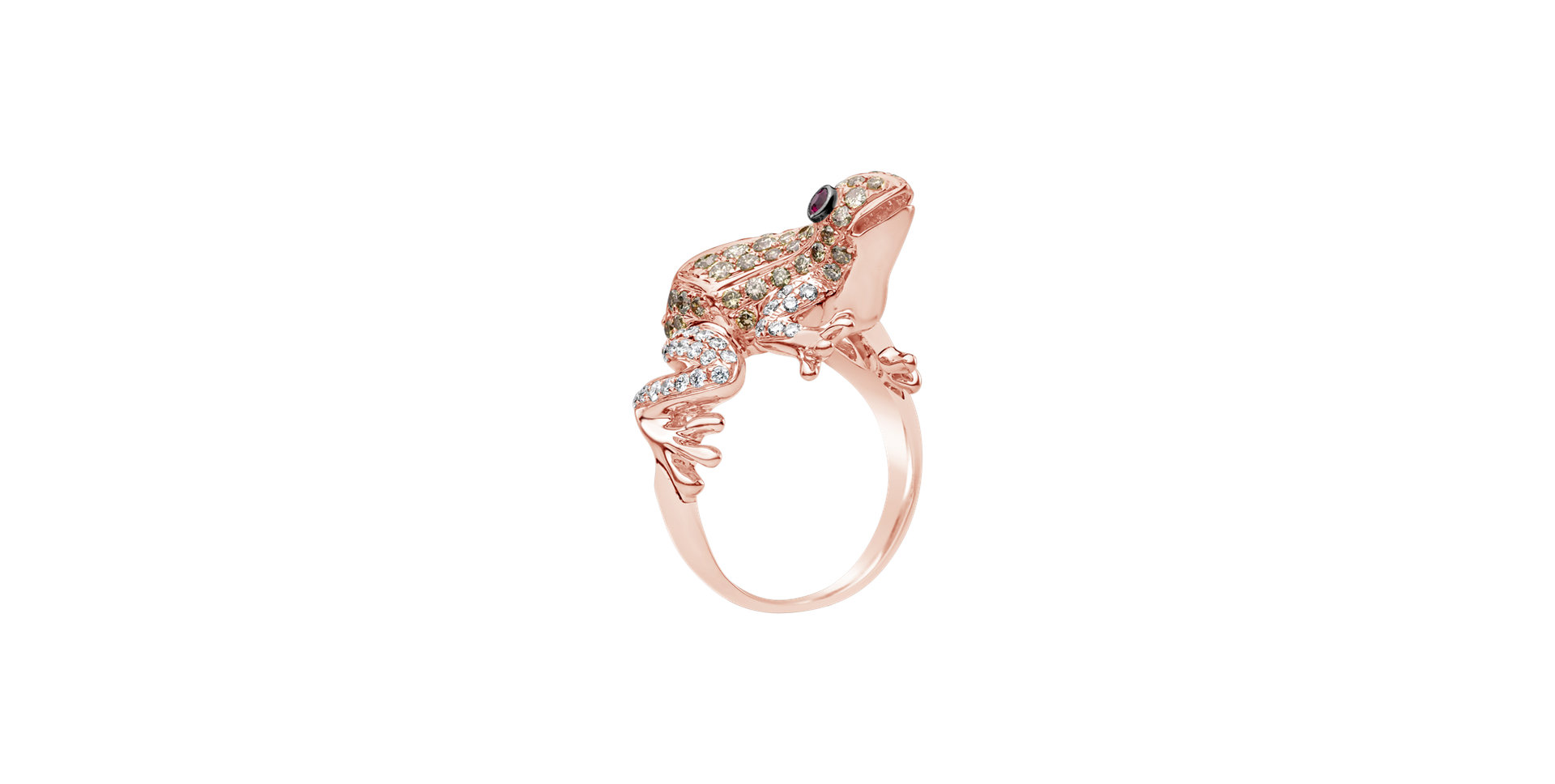 Ring with brown and white diamonds and Ruby Miracle Frog