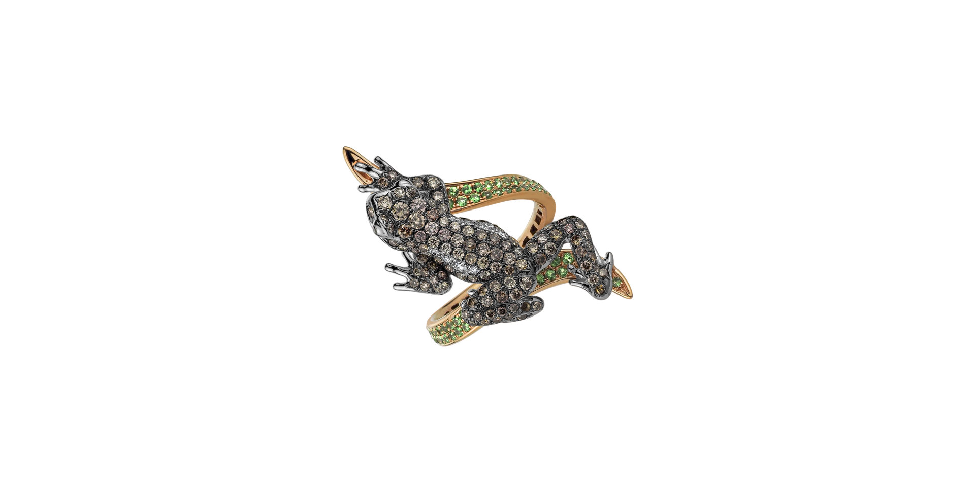 Ring with white, brown and black diamonds and Garnet Luxury Frog