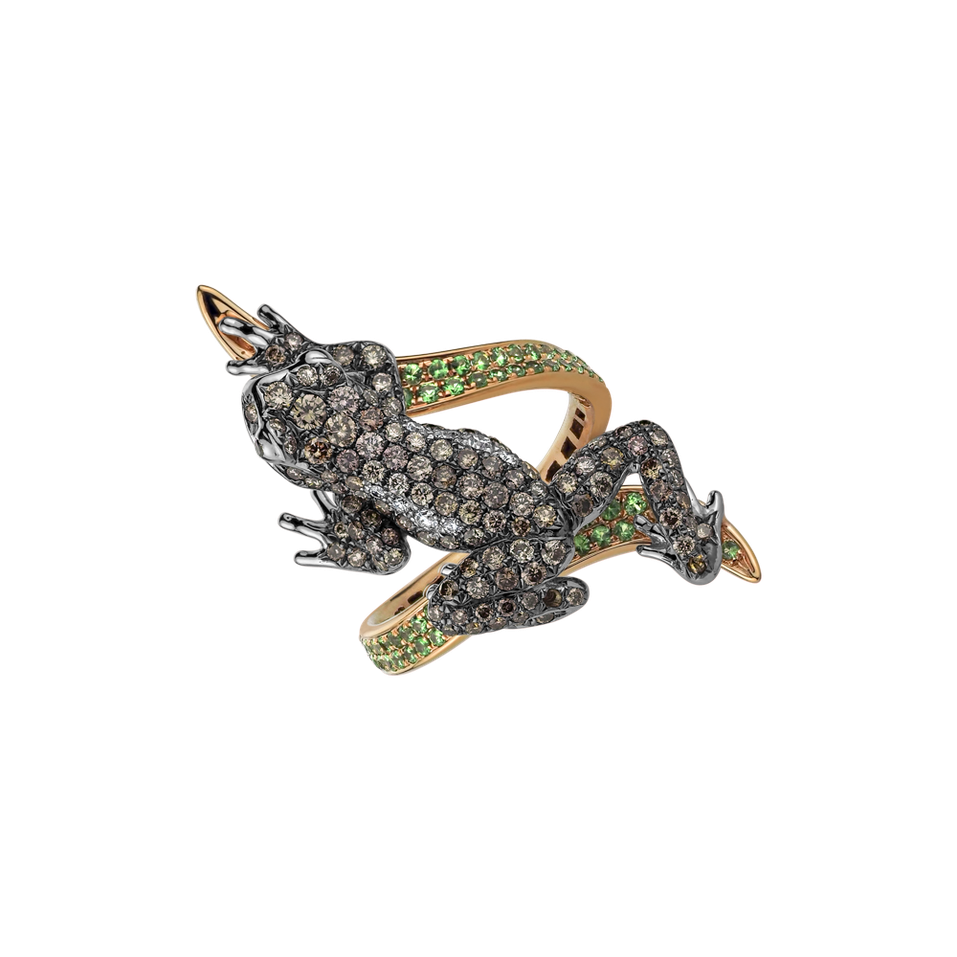 Ring with white, brown and black diamonds and Garnet Luxury Frog