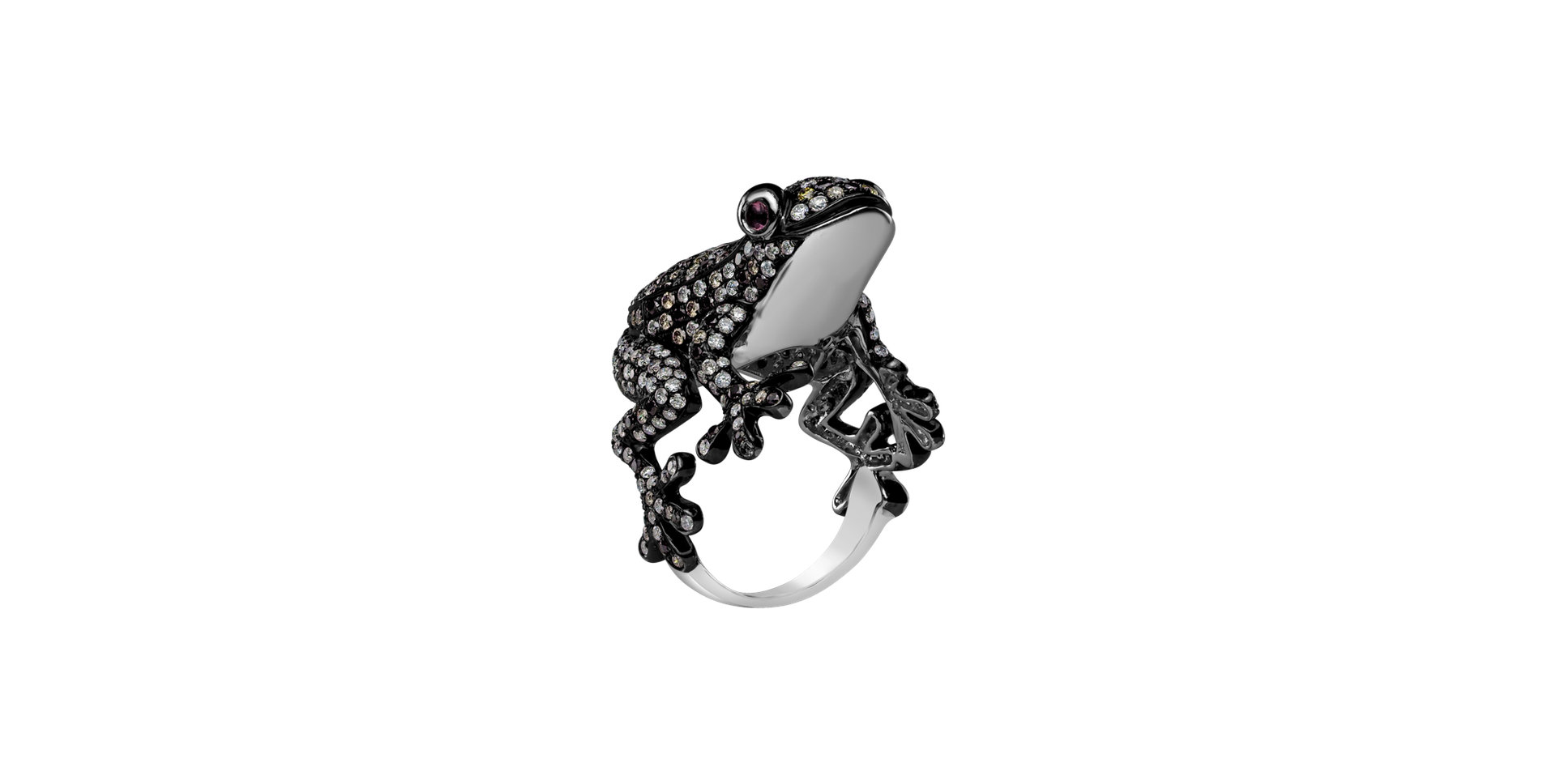 Ring with white, brown and black diamonds and Tourmalíne My Frog