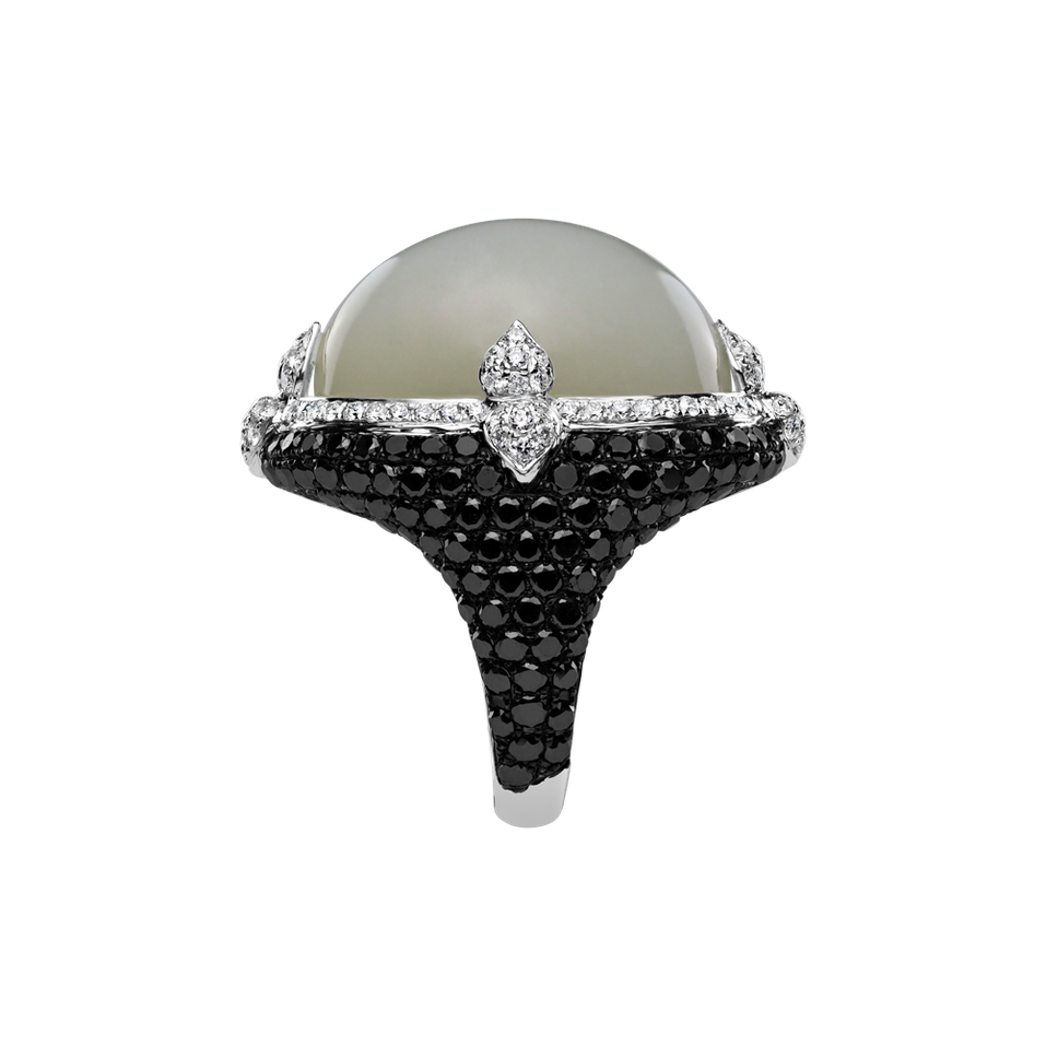 Ring with Moonstone, black and white diamonds Eye Ocean