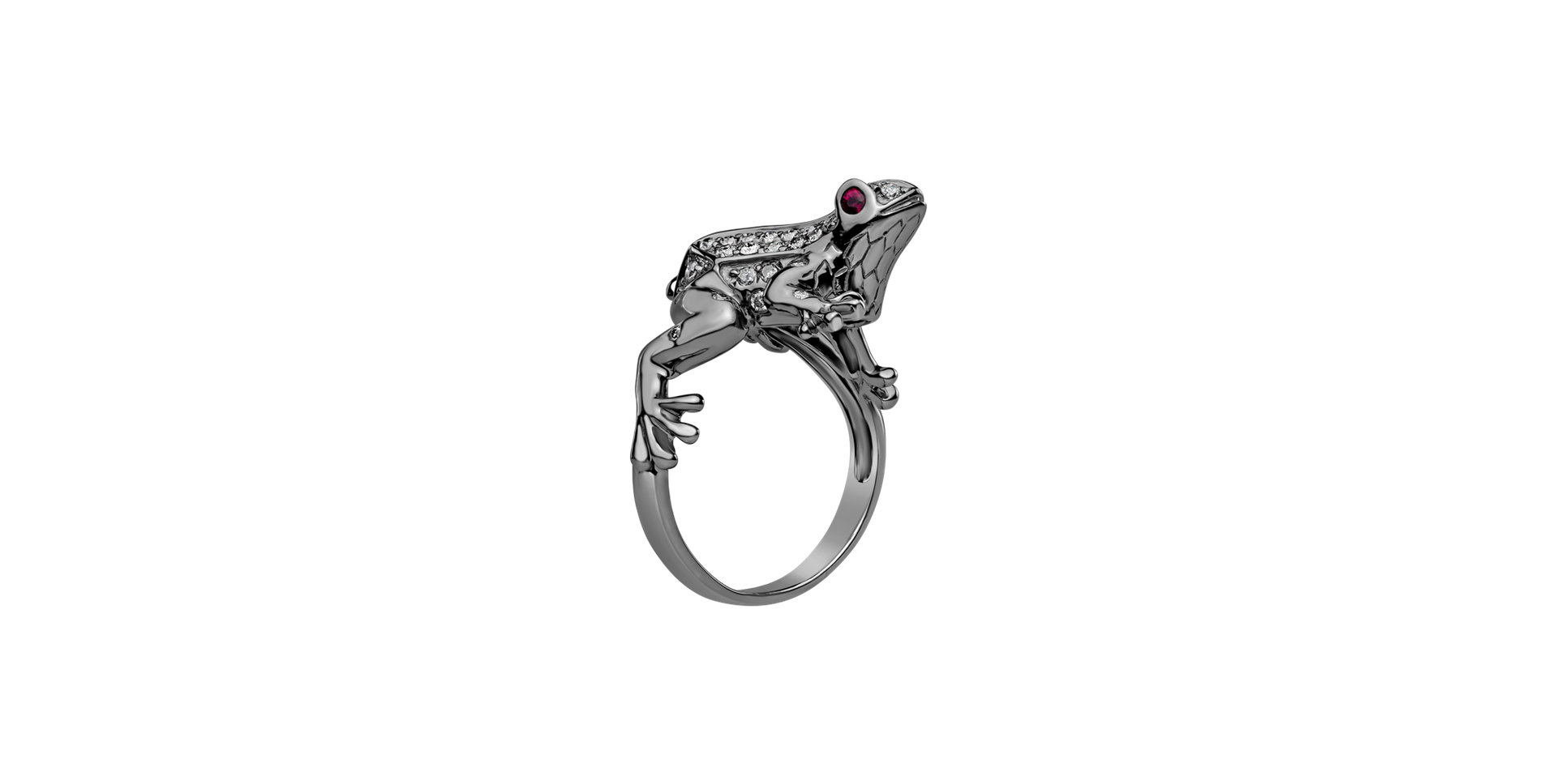 Ring with brown and white diamonds and Ruby Dark Fairytale Frog