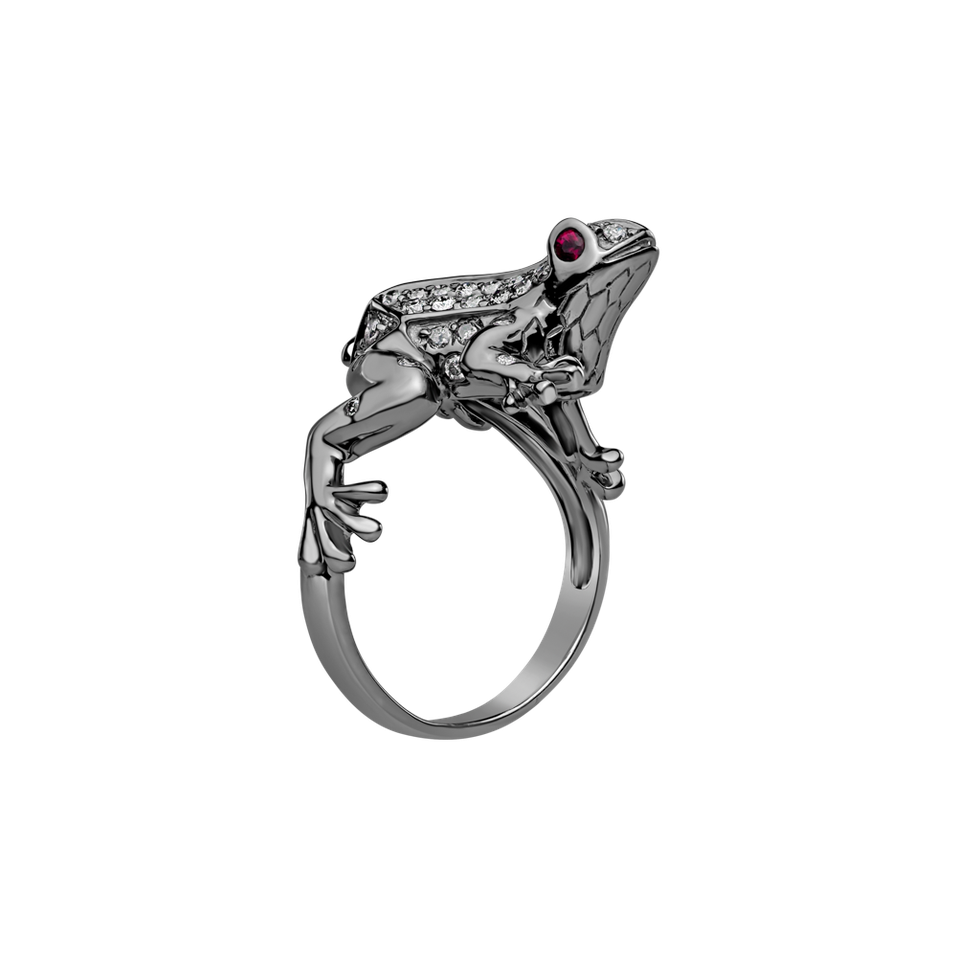 Ring with brown and white diamonds and Ruby Dark Fairytale Frog