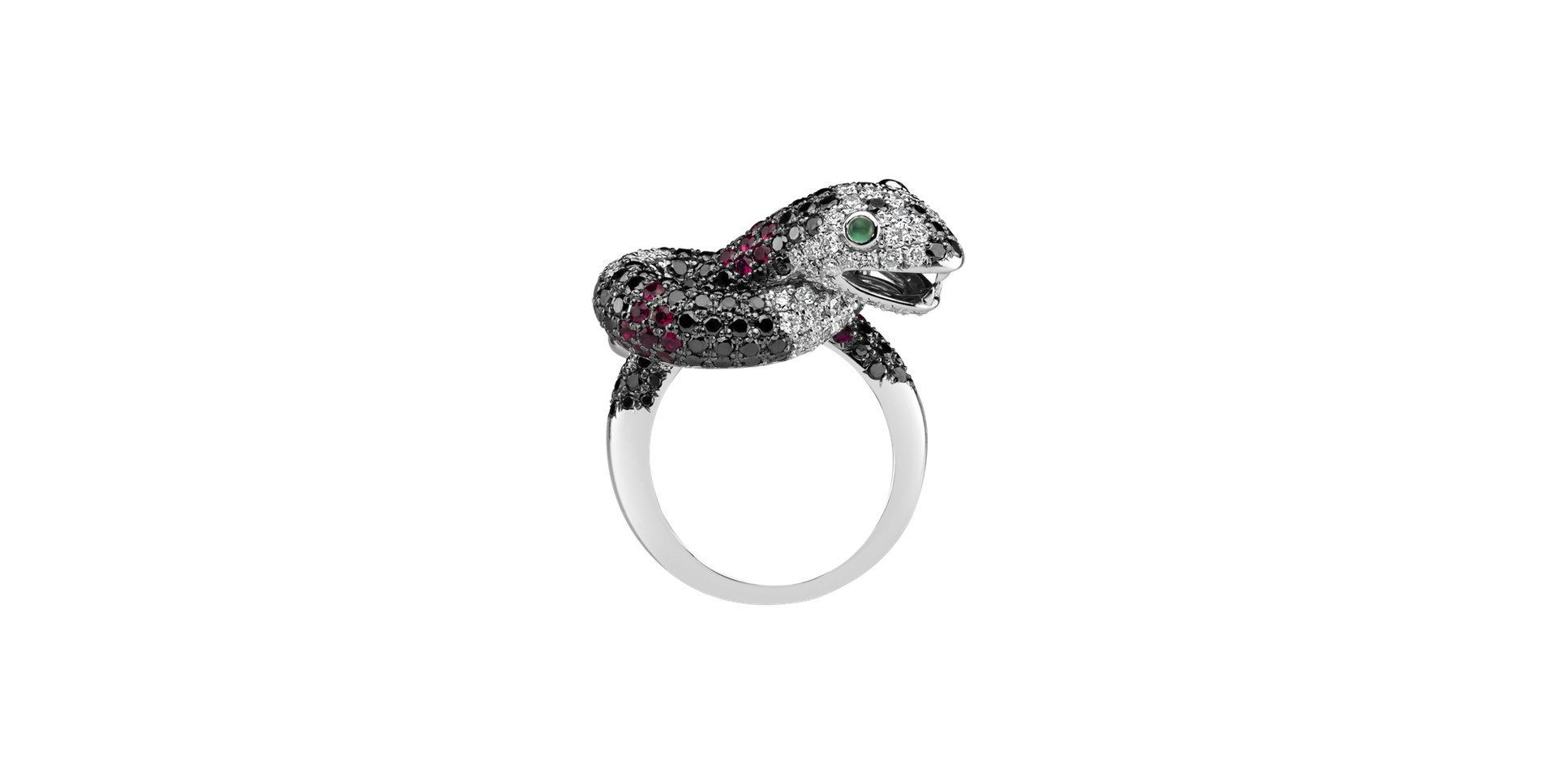 Ring with black and white diamonds, Ruby and Garnet The Dark Serpent
