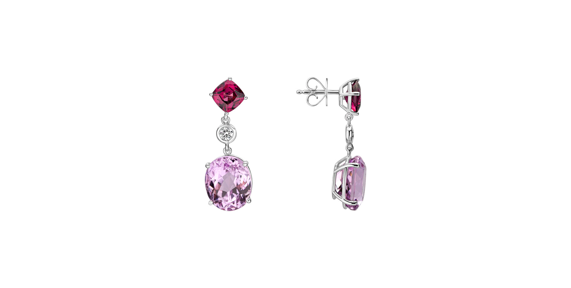 Diamond earrings, Garnet and Kunzite Purple Rain