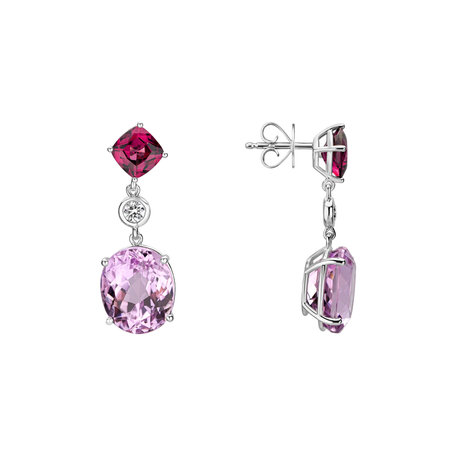 Diamond earrings, Garnet and Kunzite Purple Rain