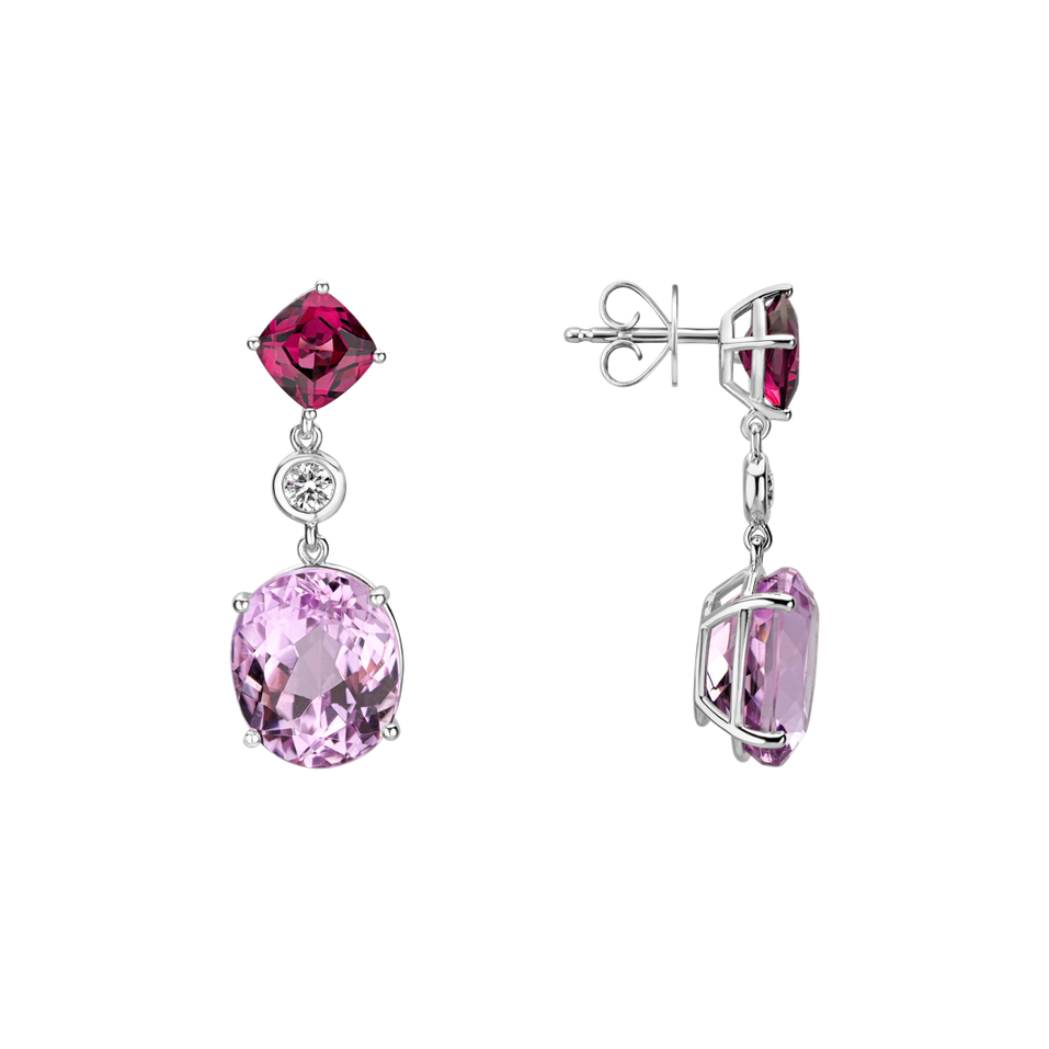 Diamond earrings, Garnet and Kunzite Purple Rain