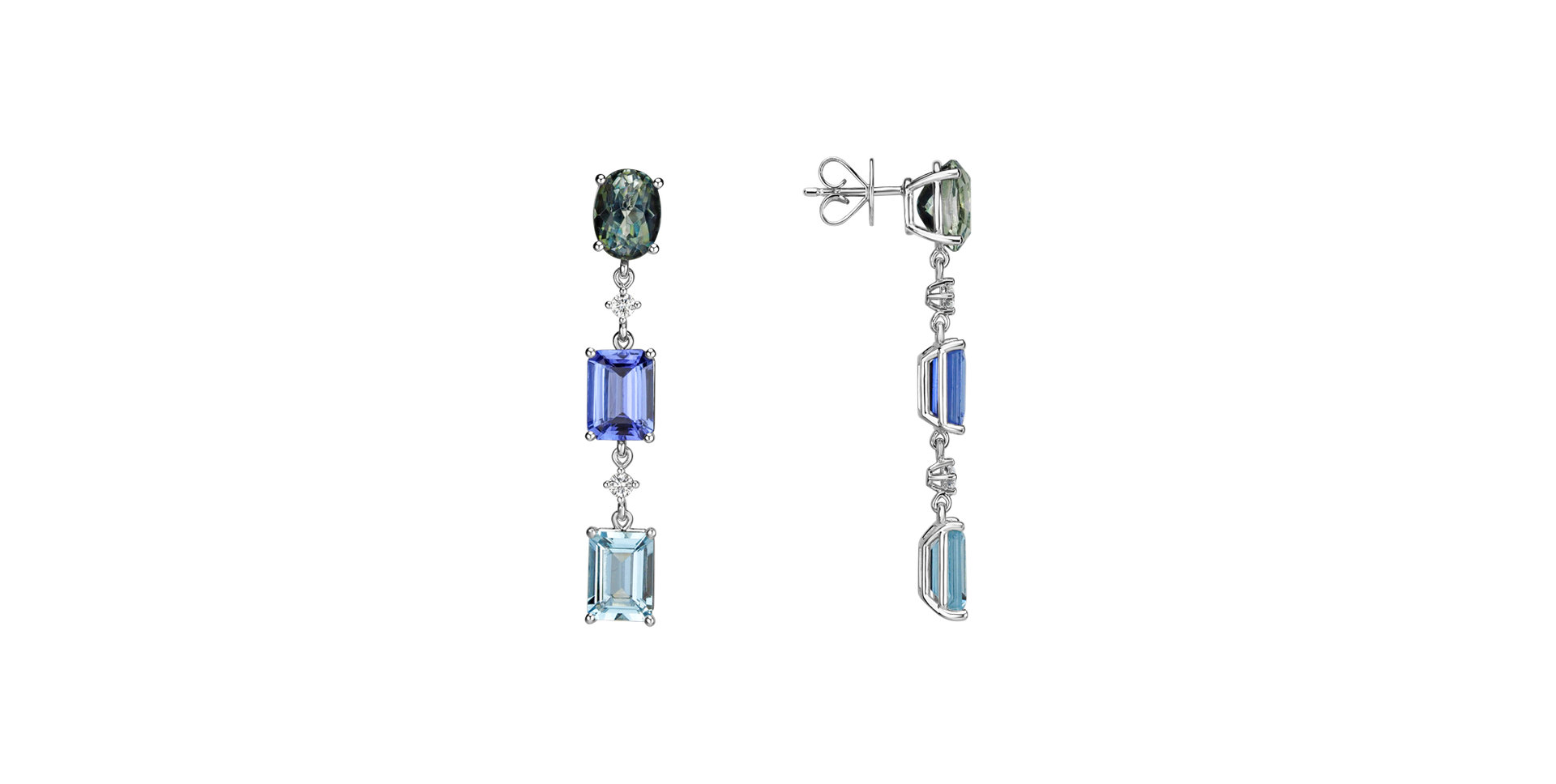 Diamond earrings, Aquamarine, Tanzanite and multisapphire Mystic Rain
