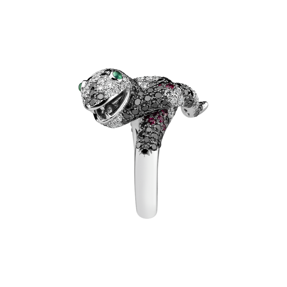 Ring with black and white diamonds, Ruby and Garnet The Dark Serpent