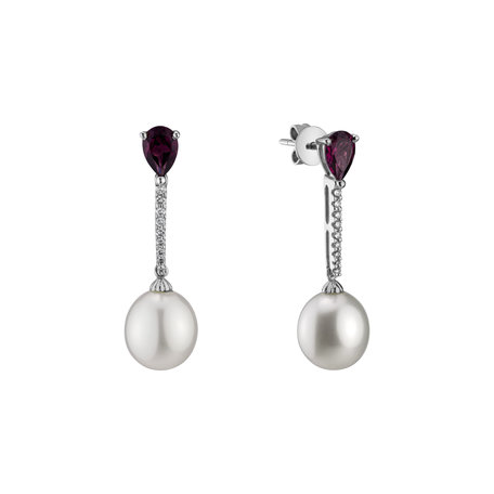 Earrings with Pearl, diamonds and Rhodolite Undersea Passion