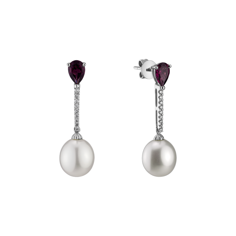 Earrings with Pearl, diamonds and Rhodolite Undersea Passion