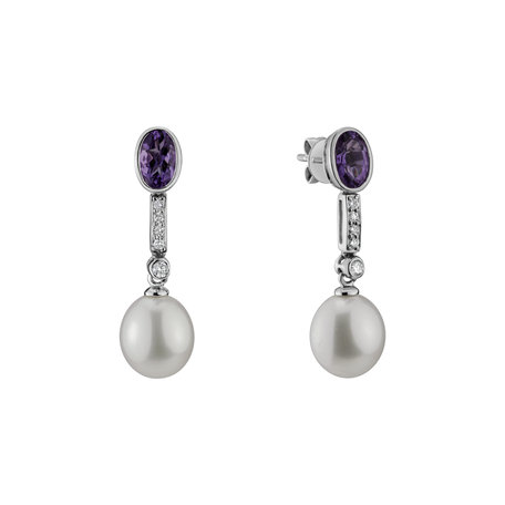 Earrings with Pearl, diamonds and Amethyst Ocean for Nadia