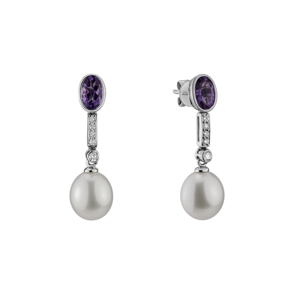 Earrings with Pearl, diamonds and Amethyst Ocean for Nadia