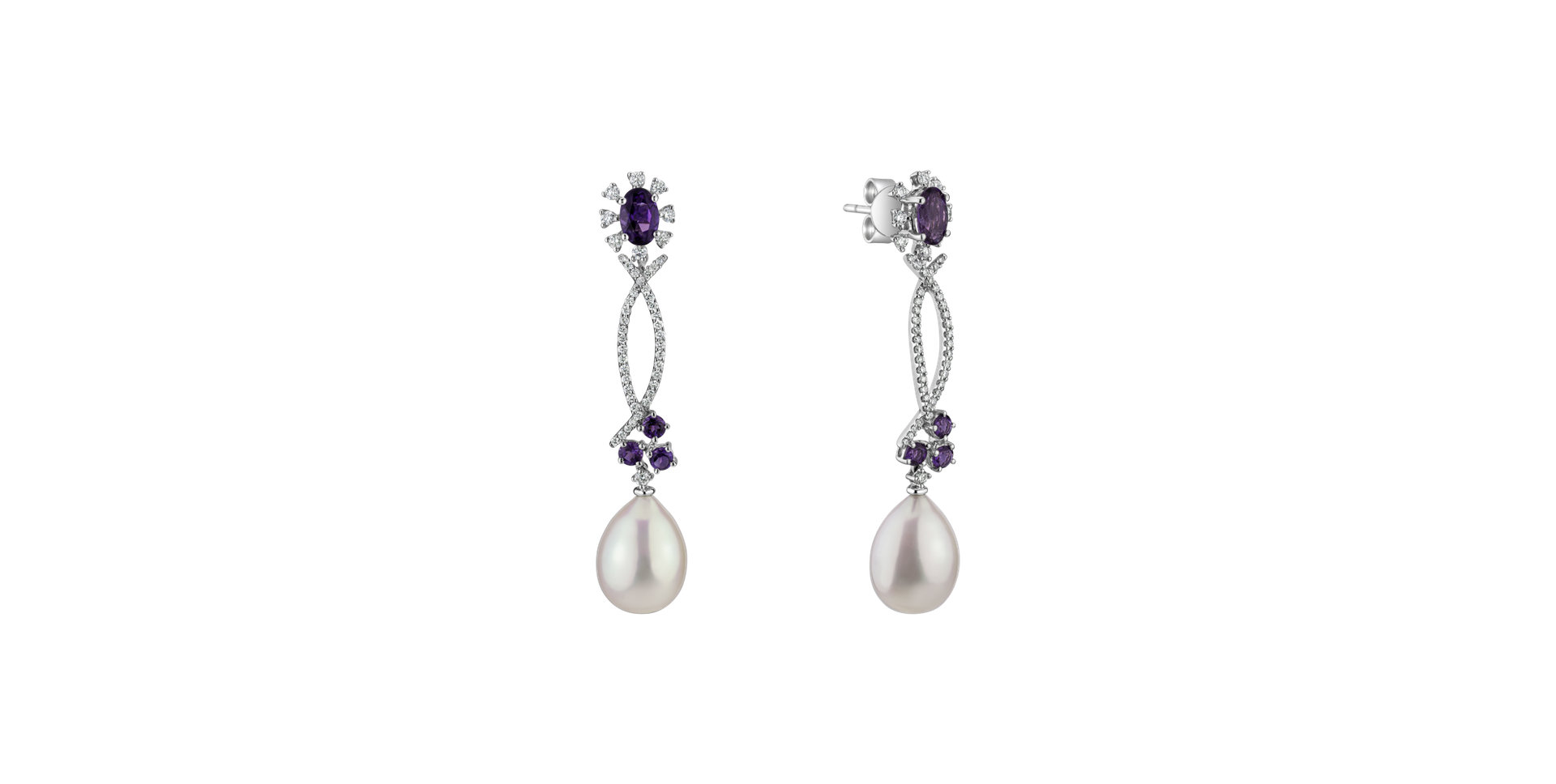 Earrings with Pearl, diamonds and Amethyst Secret of Underwater