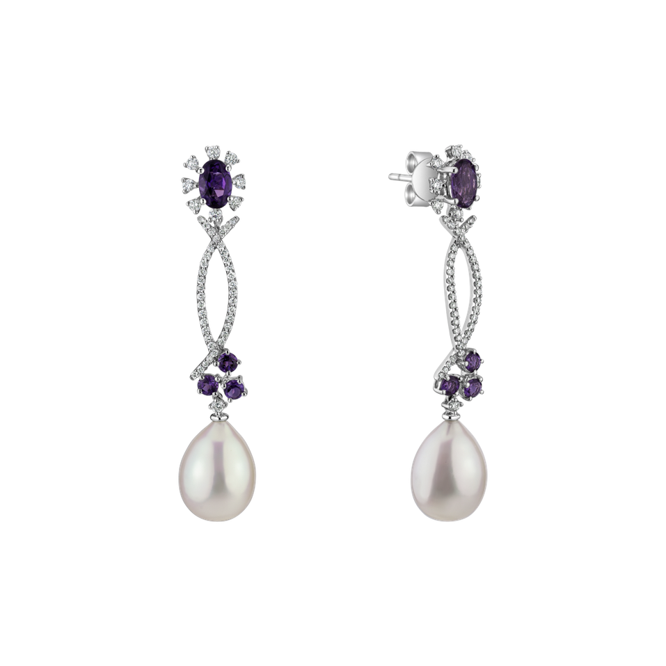 Earrings with Pearl, diamonds and Amethyst Secret of Underwater